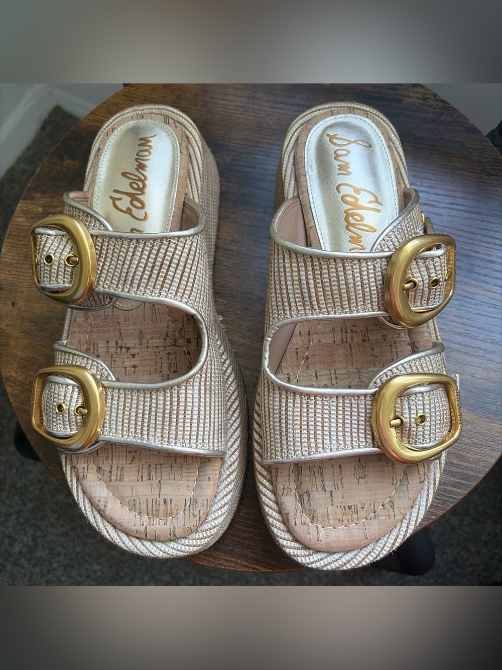 Sam Edelman Nerissa Metallic Champagne Double Buckle Cork Slide Sandals 6 1/2